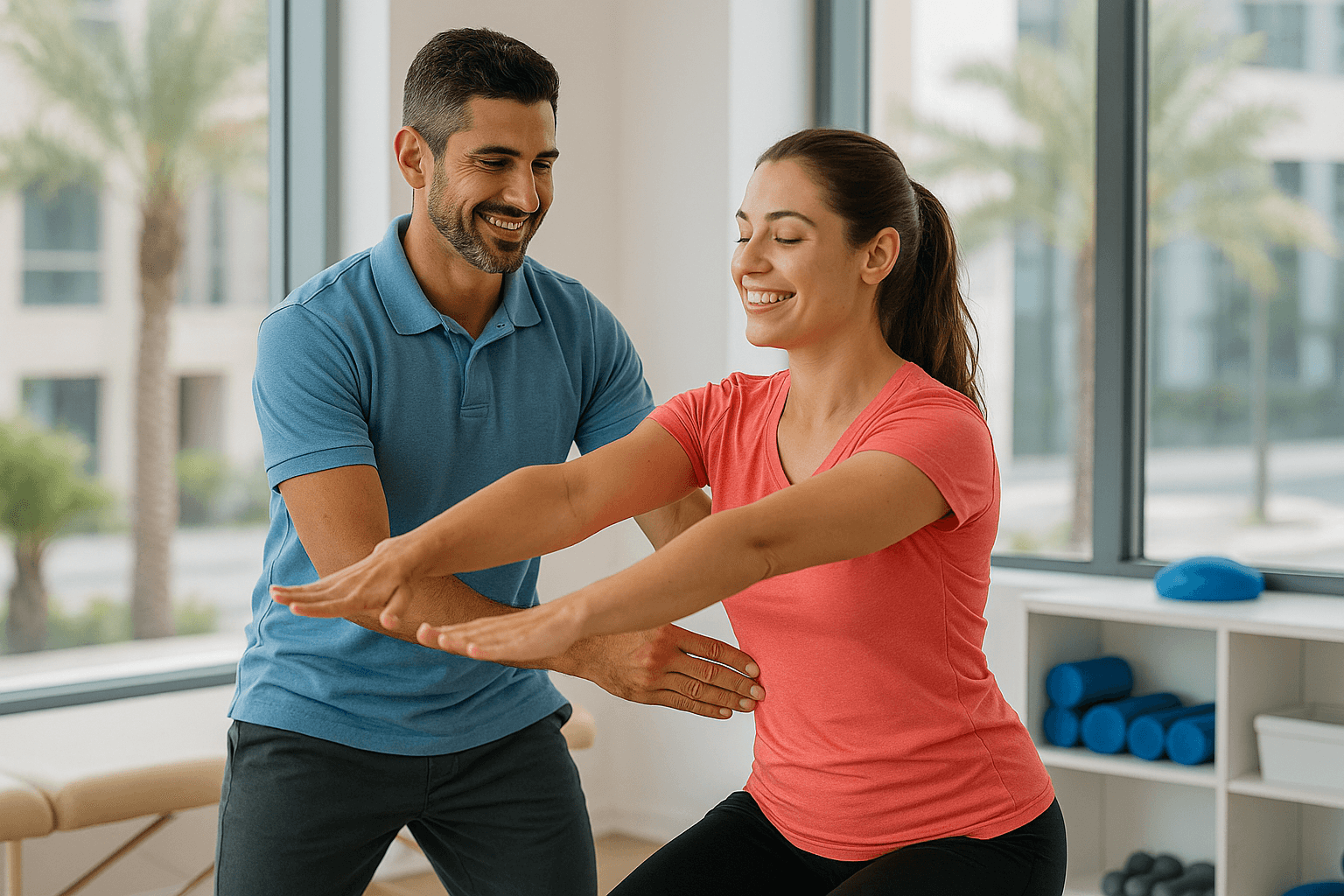 Physio Cure Dubai clinic physiotherapist coaching woman doing squats, demonstrating proper posture and exercises on How to Prevent Back Pain