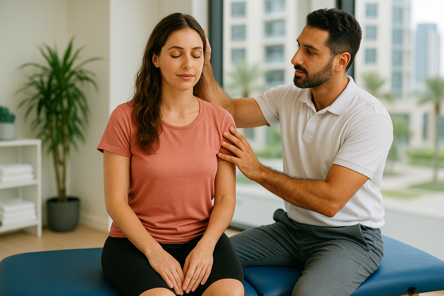 Physio Cure Dubai clinic therapist demonstrating how to reduce motion sickness with therapy by guiding a seated female patient through gentle vestibular and shoulder stabilization exercises in a modern treatment room.