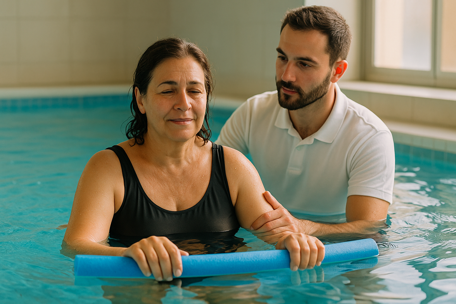 Physio Cure Dubai clinic therapist guiding middle-aged woman through warm-water pool exercises, illustrating Hydrotherapy for Fibromyalgia Pain Reduction
