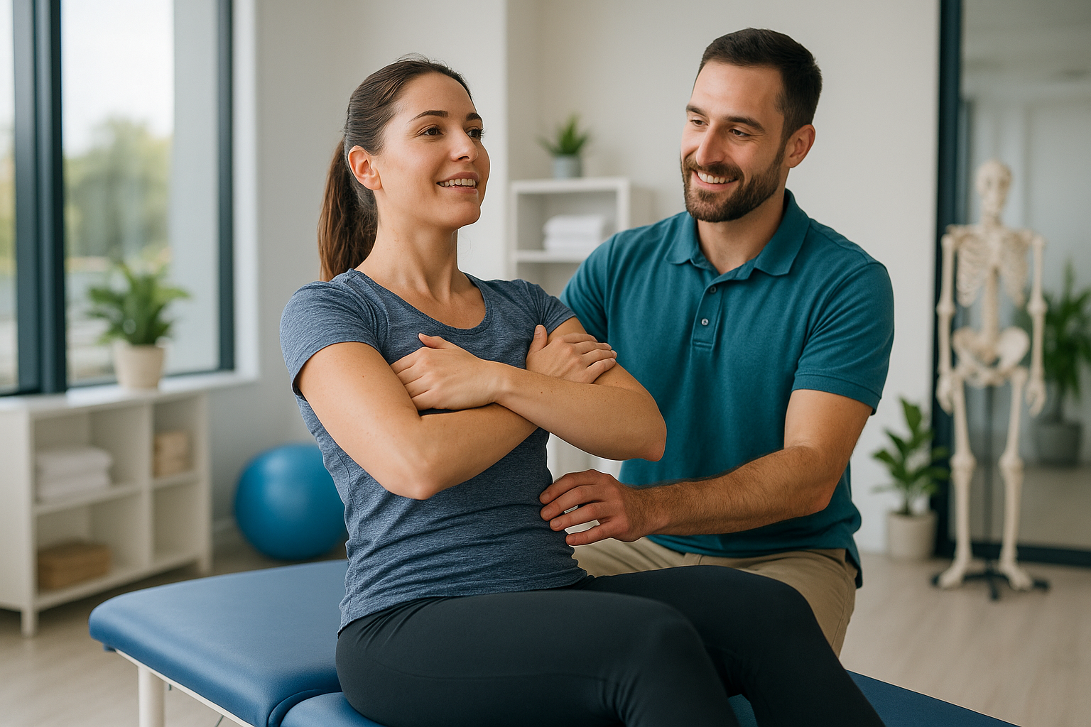 Physio Cure Dubai clinic physiotherapist guiding female patient through seated core strengthening exercise on treatment table, highlighting Importance of Core Strength in Posture Correction and rehabilitation.