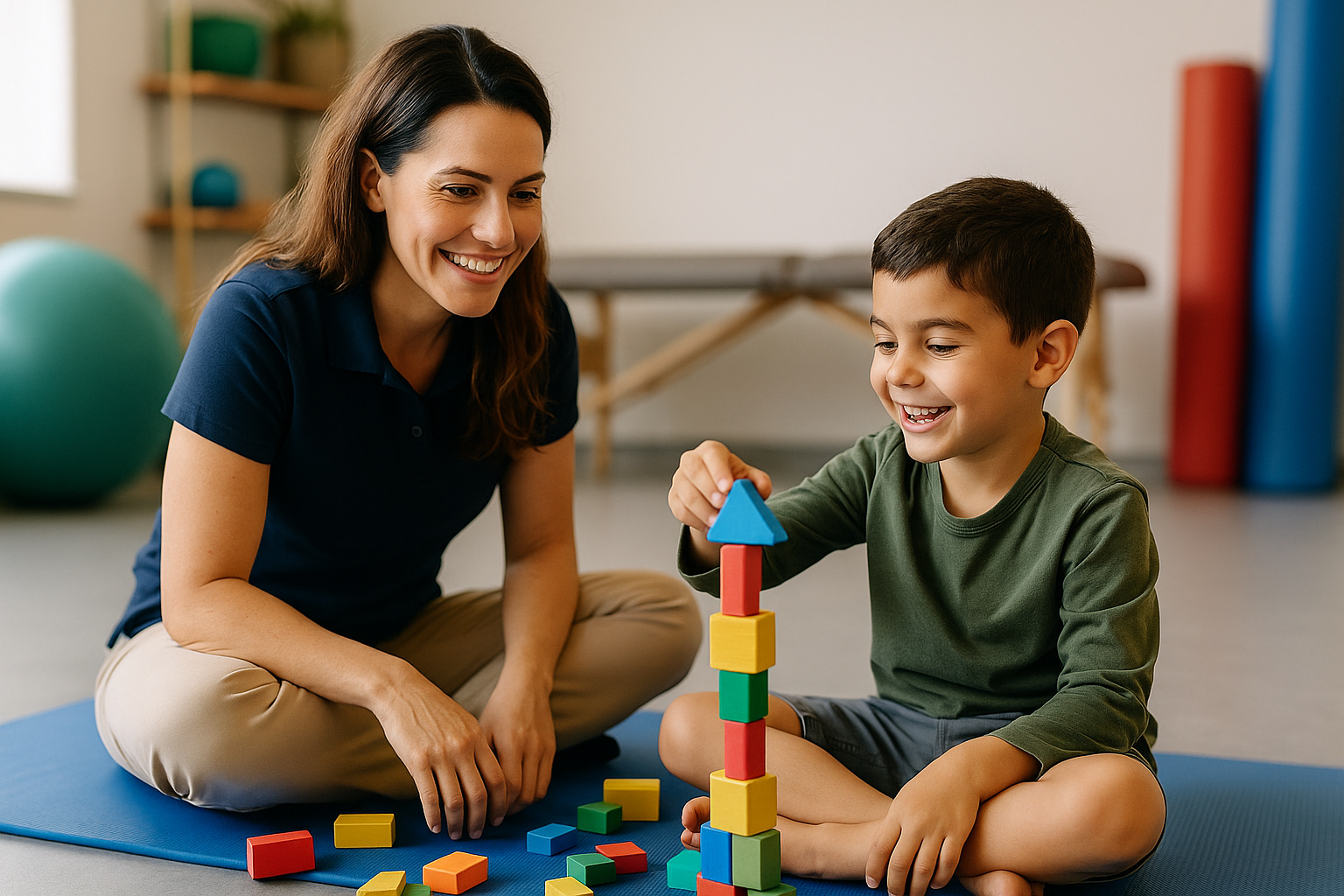 Therapist encouraging child to build colorful block tower on exercise mat, showcasing Importance of Play-Based Therapy at Physio Cure Dubai clinic.