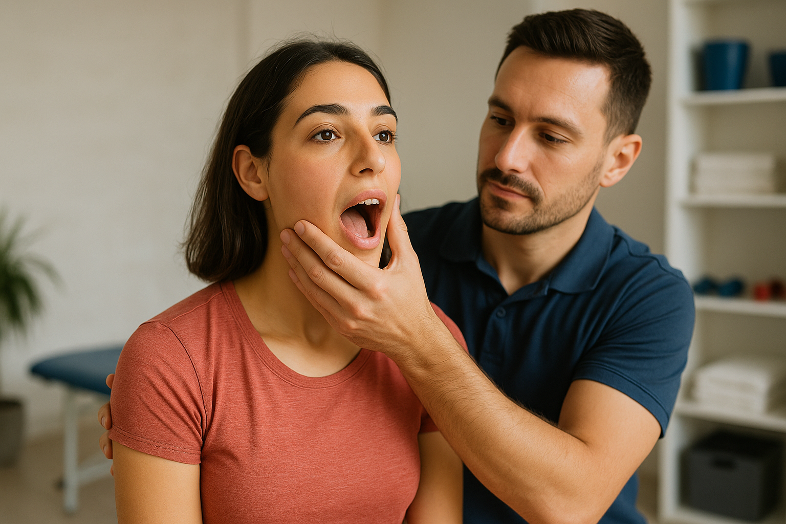 Physio Cure Dubai clinic physiotherapist guiding female patient through Jaw Strengthening Exercises for TMJ Disorder, supporting her jaw as she opens her mouth in a modern treatment room.