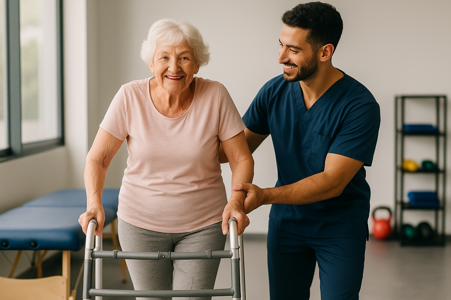 Smiling elderly woman using a walker, guided by a physiotherapist during Joint Replacement Recovery for Seniors session at Physio Cure Dubai clinic rehabilitation room