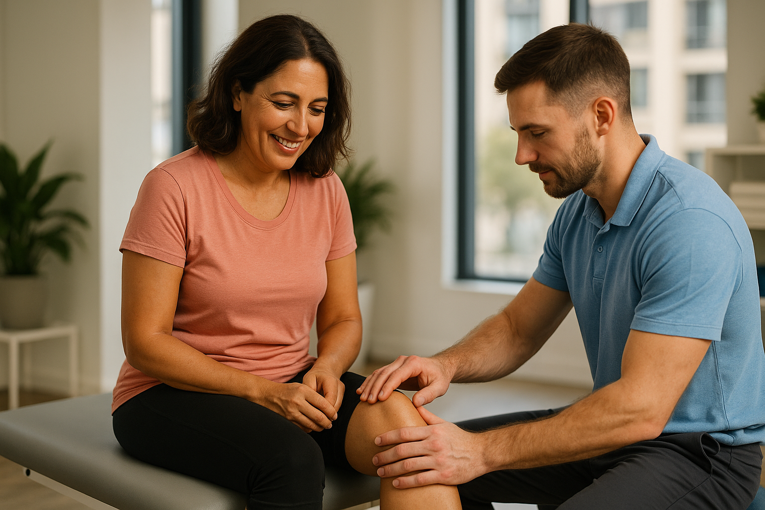 Smiling middle-aged woman receiving knee assessment from a physiotherapist at Physio Cure Dubai clinic, illustrating Knee Pain Management with Physiotherapy.
