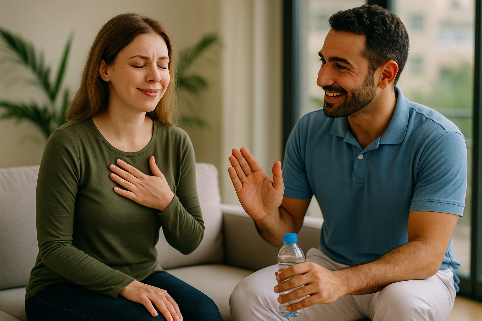 Woman consulting a physiotherapist at Physio Cure Dubai clinic, receiving guidance on Lifestyle Modifications for Migraine Prevention while sitting together on a couch.