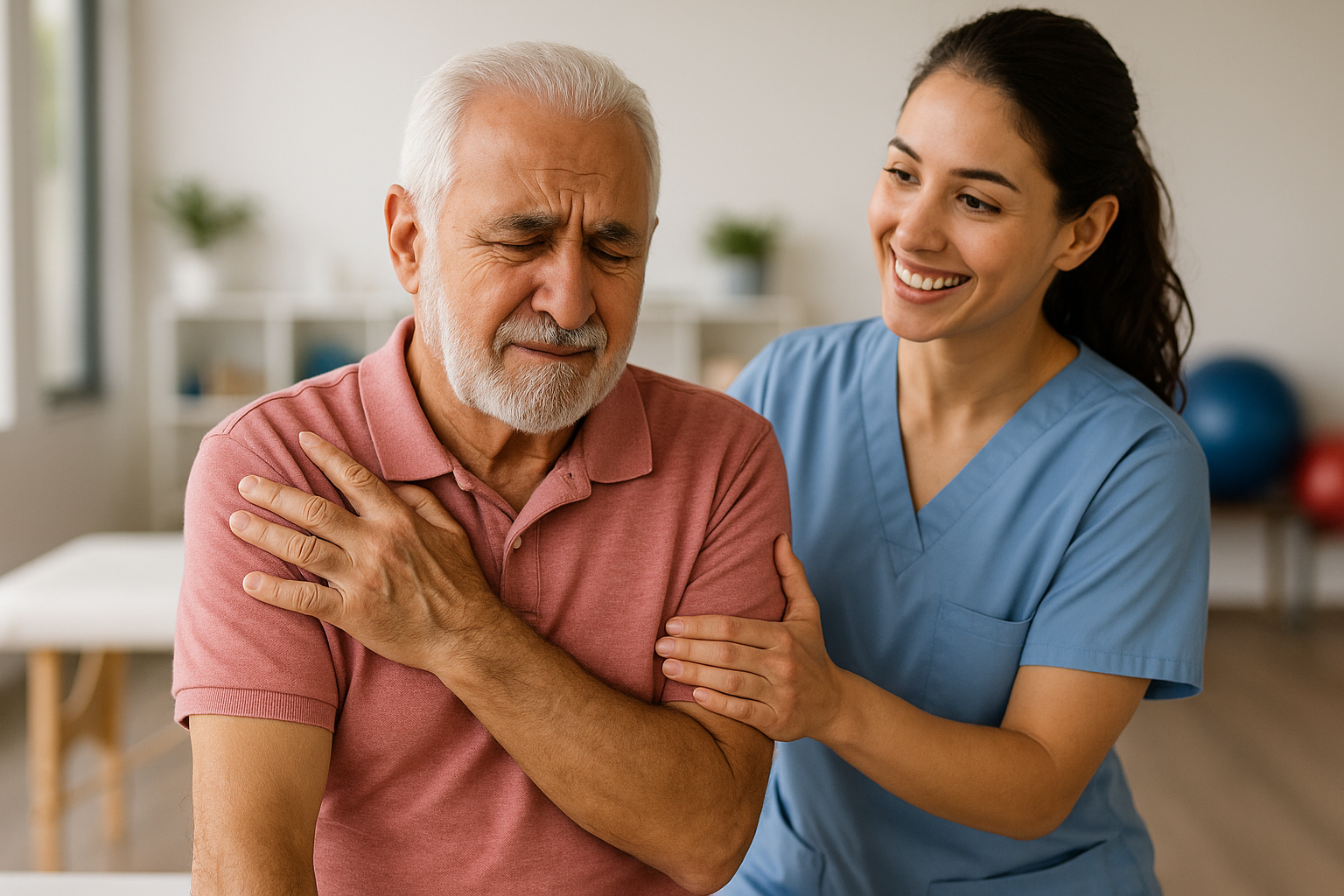 Physio Cure Dubai clinic therapist assisting senior man with shoulder discomfort, illustrating compassionate physiotherapy for managing chronic pain in the elderly