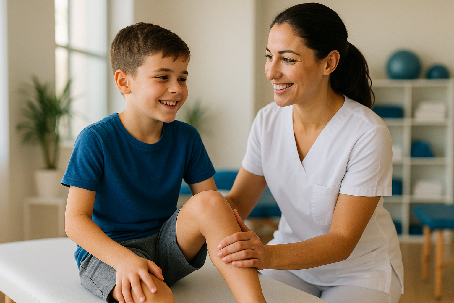 Smiling physiotherapist at Physio Cure Dubai clinic gently assessing a young boy’s knee, illustrating Managing Growing Pains with Physiotherapy treatment session