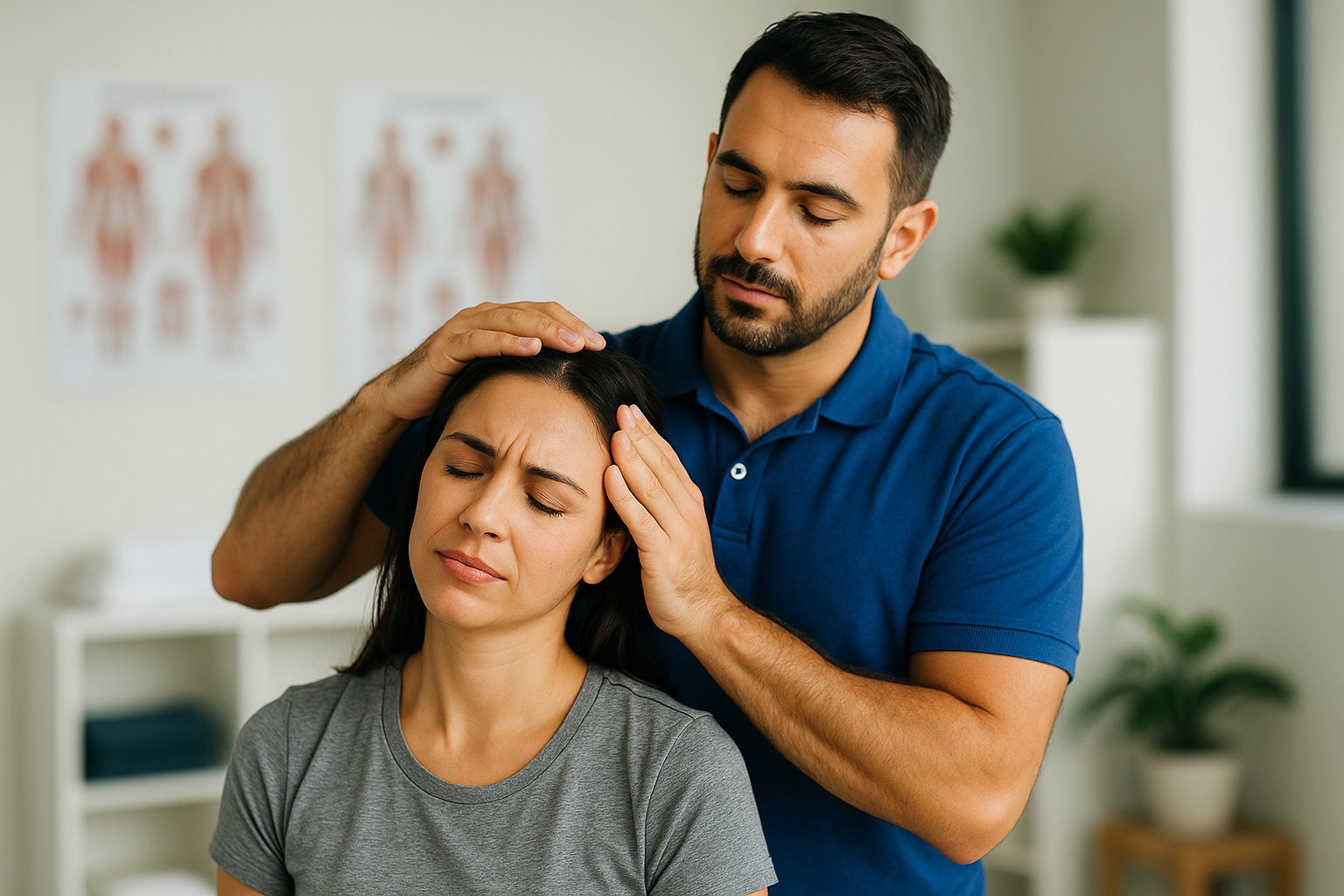 Physical therapist at Physio Cure Dubai clinic performing Manual Therapy for Migraine Relief, gently adjusting a female patient’s neck and head in a modern treatment room.