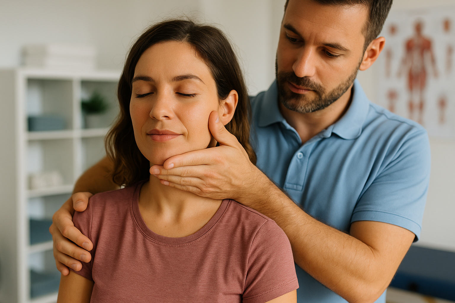 Physio Cure Dubai clinic therapist demonstrating Massage Techniques for TMJ Pain on a relaxed female patient during jaw manual therapy session