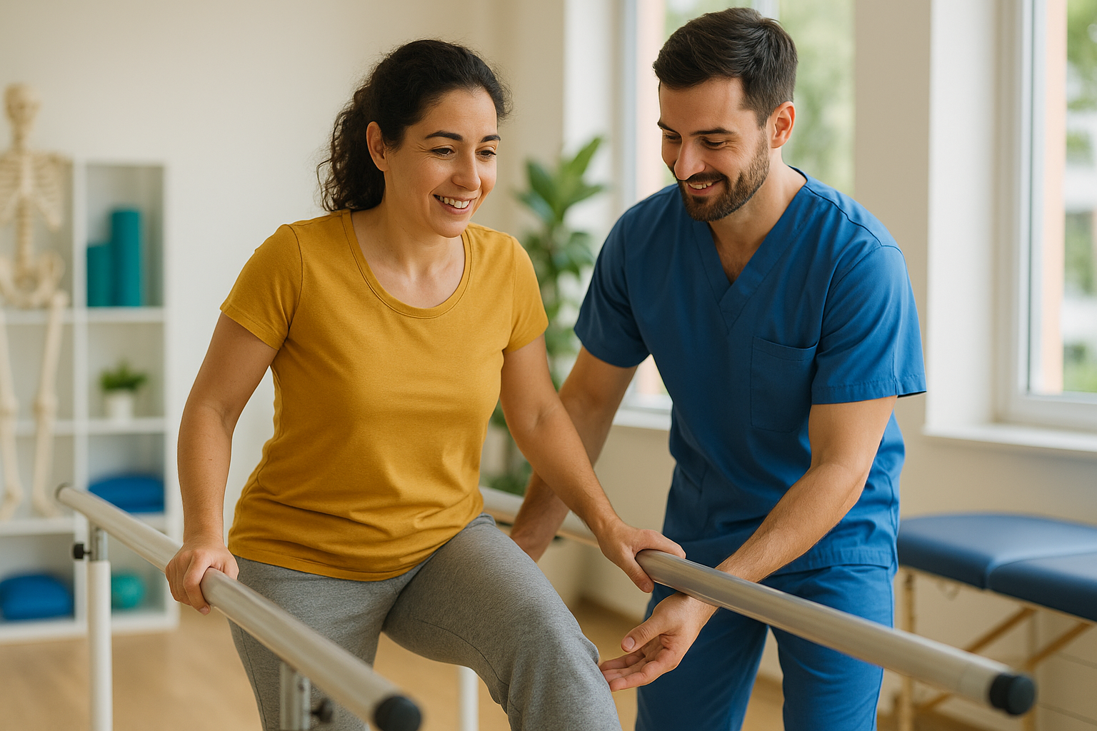 Smiling female patient practicing gait training with supportive male physiotherapist at Physio Cure Dubai clinic, demonstrating MS (Multiple Sclerosis) Physiotherapy Strategies for improved mobility