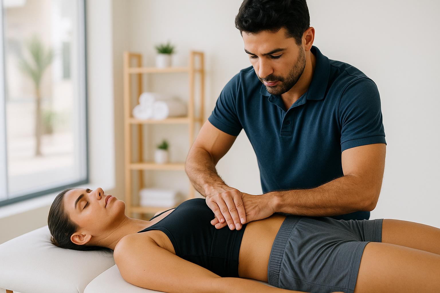 Physical therapist performing Myofascial Release Techniques on female patient lying on treatment table at Physio Cure Dubai clinic