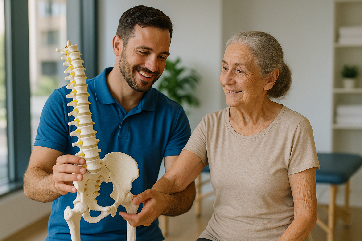 Physio Cure Dubai clinic physiotherapist showing elderly woman a spine model during Osteoporosis and Physiotherapy session