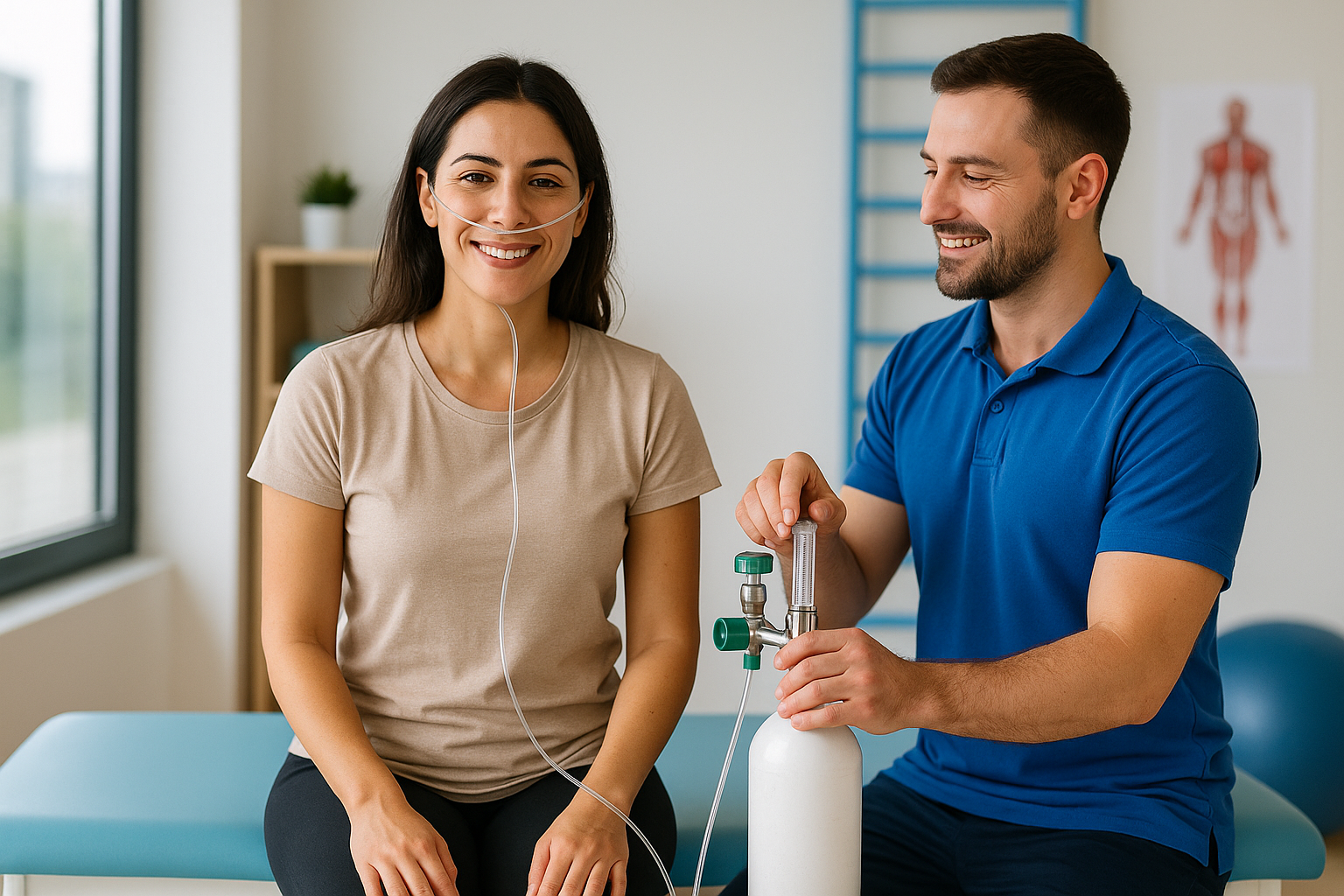 Smiling female patient receiving Oxygen Therapy in Physiotherapy Treatment from a professional therapist at Physio Cure Dubai clinic