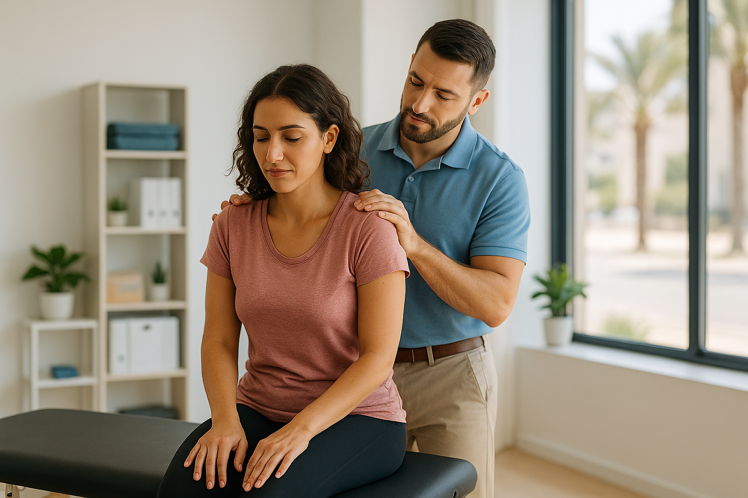 Physio Cure Dubai clinic physiotherapist treating female patient with hands-on Physiotherapy for Hunched Shoulders during posture correction session in modern rehab room