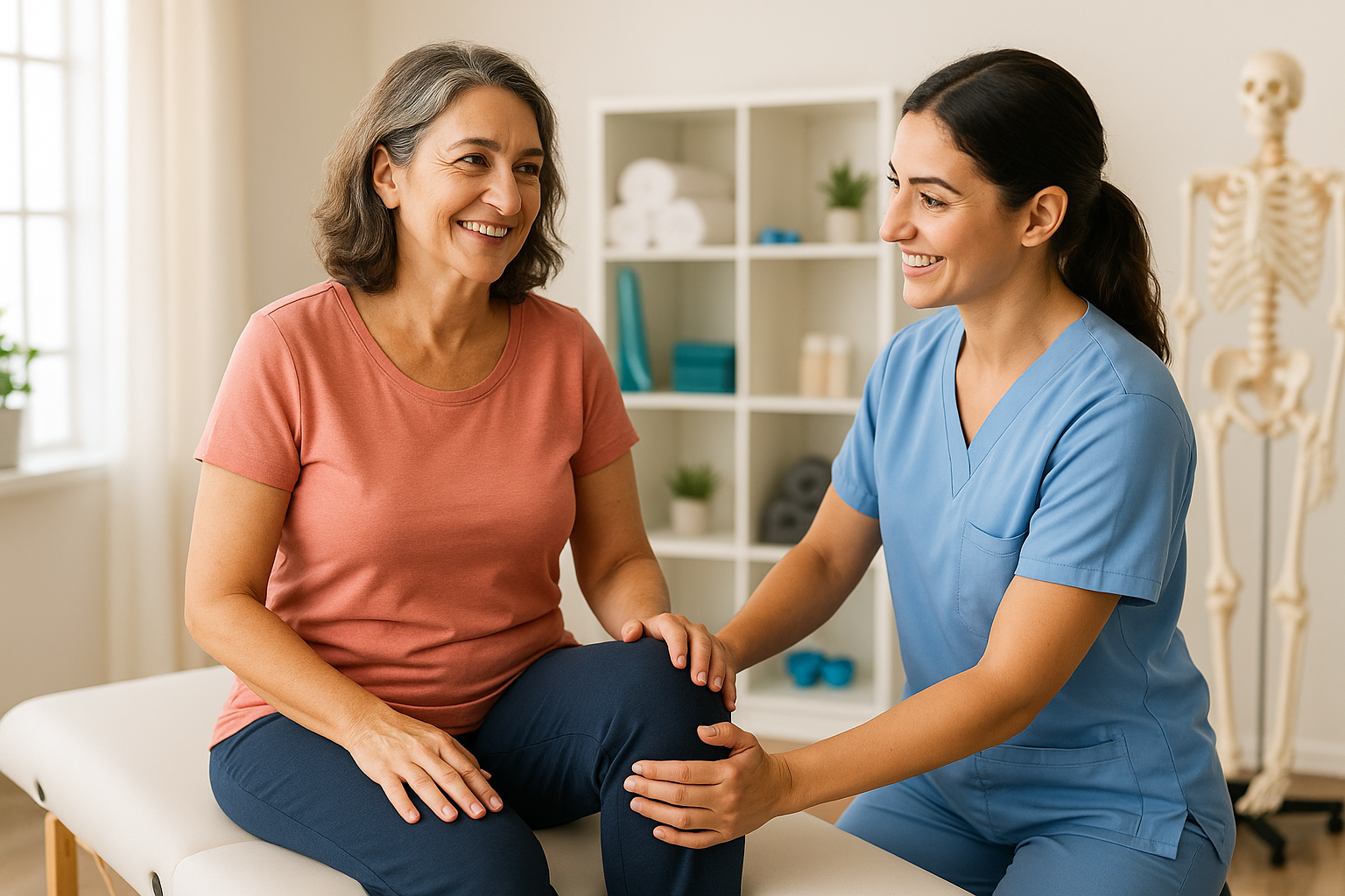 Smiling middle-aged woman receiving knee assessment from female physiotherapist in blue scrubs at Physio Cure Dubai clinic, illustrating Physiotherapy for Menopause-Related Pain treatment session.