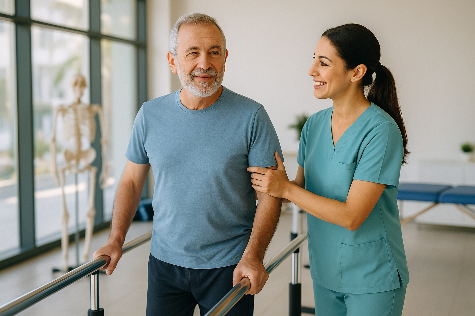 Senior man practicing gait training on parallel bars with female therapist at Physio Cure Dubai clinic, demonstrating expert Physiotherapy for Parkinson’s Disease rehabilitation.