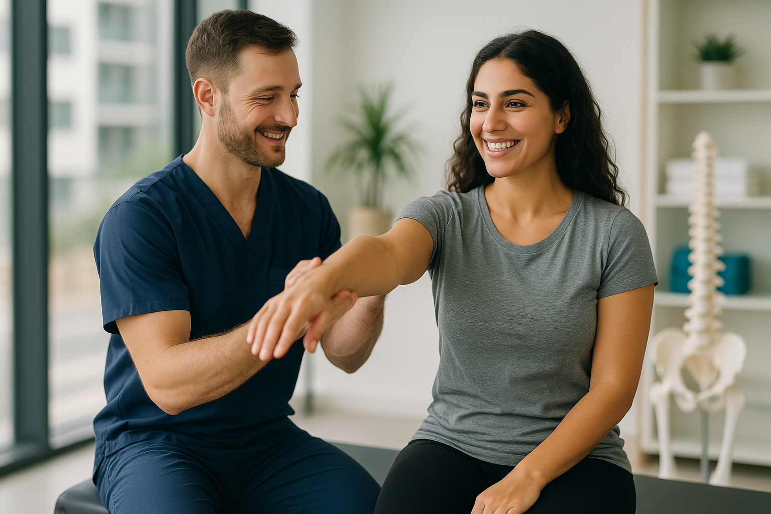 Physio Cure Dubai clinic physiotherapist guiding a smiling female patient through arm mobility exercise, illustrating Physiotherapy for Post-COVID Recovery