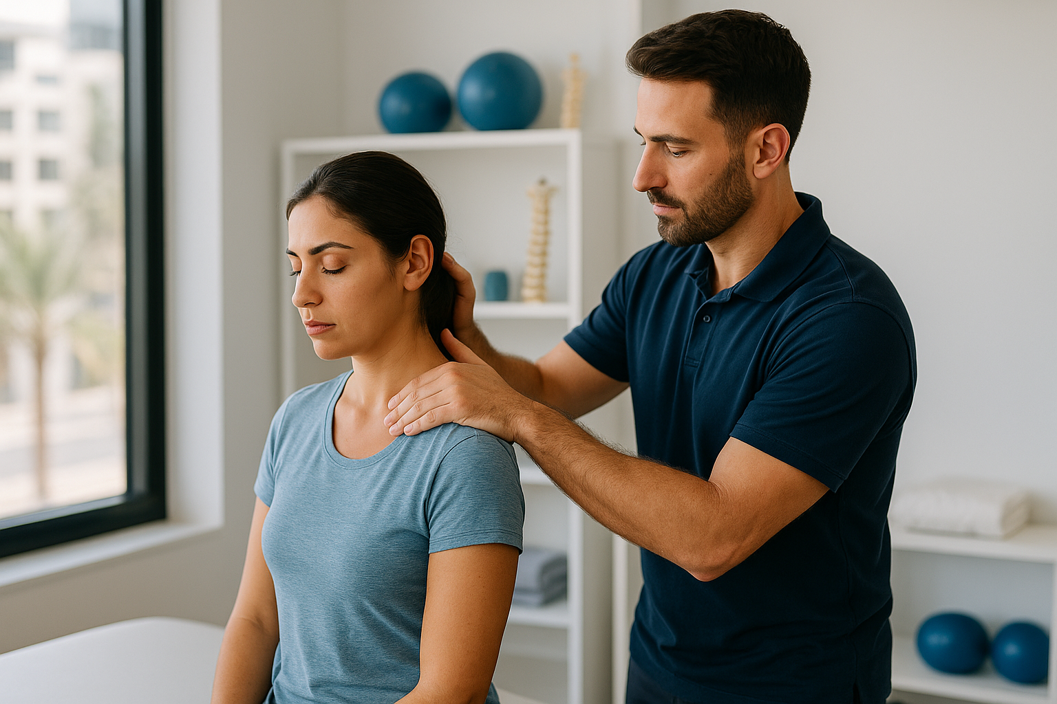 Physio Cure Dubai clinic physiotherapist performing Physiotherapy for Tech Neck and Forward Head Posture on young woman in modern treatment room