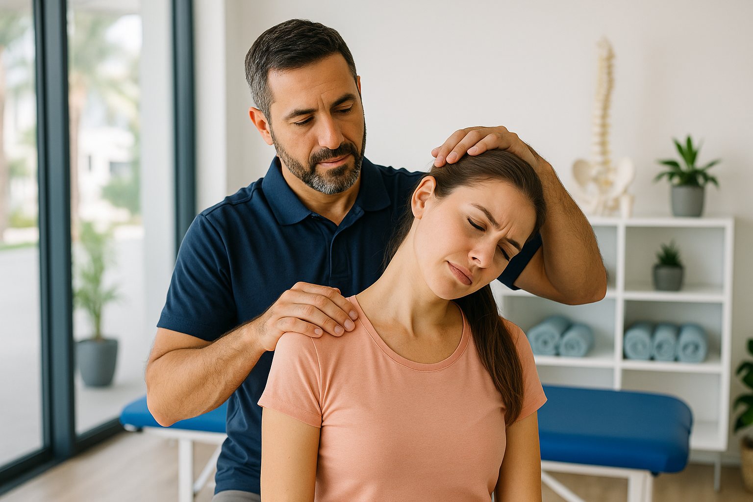 Physiotherapist at Physio Cure Dubai clinic performing Physiotherapy for Torticollis, gently stretching a female patient’s neck in a modern treatment room