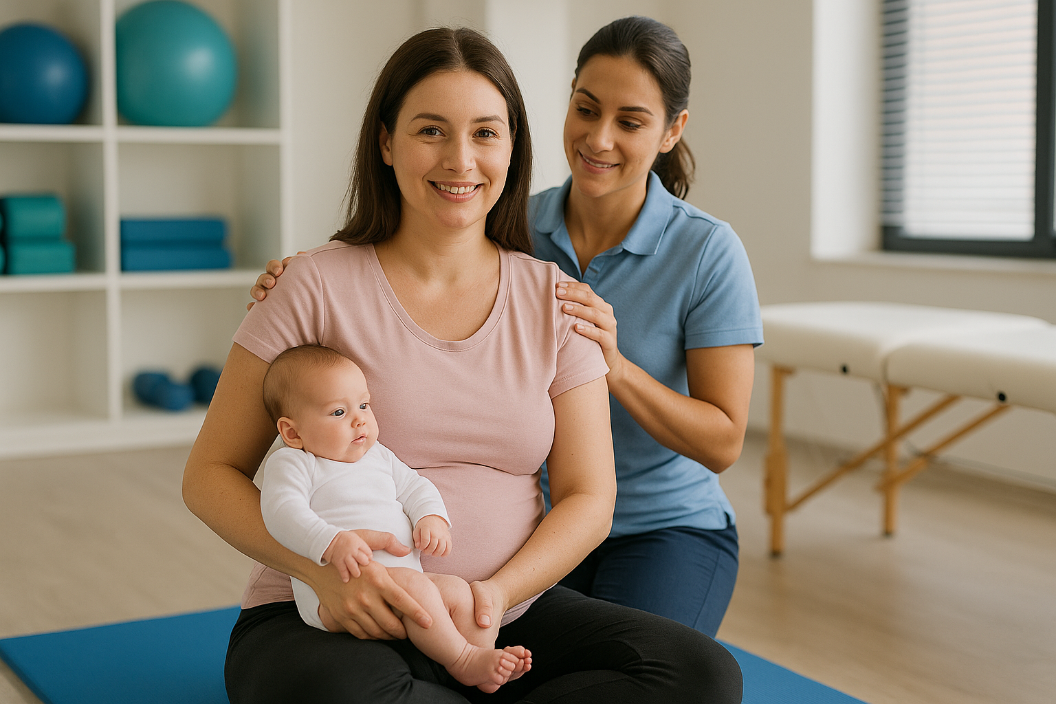 Smiling new mother holding baby on exercise mat while friendly physiotherapist supports her shoulders during Post-C-Section Physiotherapy session at Physio Cure Dubai clinic, with therapy balls and treatment table in background