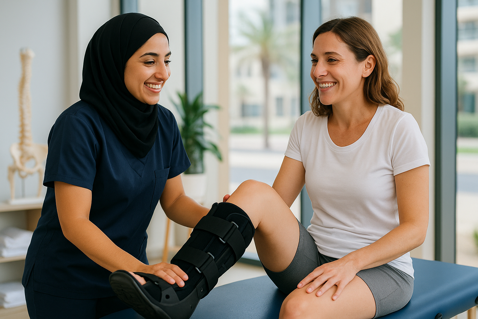 Smiling female physiotherapist at Physio Cure Dubai clinic guiding a patient wearing a leg brace through Post-Fracture Rehabilitation exercises on a treatment table.