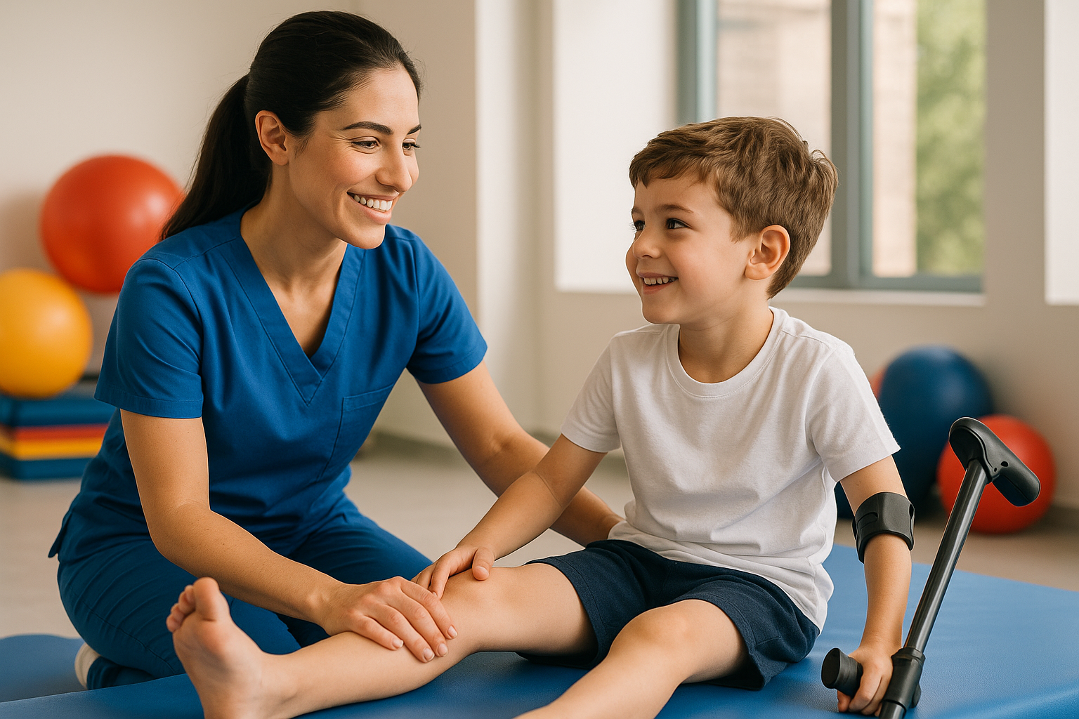 Physio Cure Dubai clinic therapist guiding young boy through leg exercises on a mat during Post-Surgical Rehab for Children session, with crutch and therapy balls in background