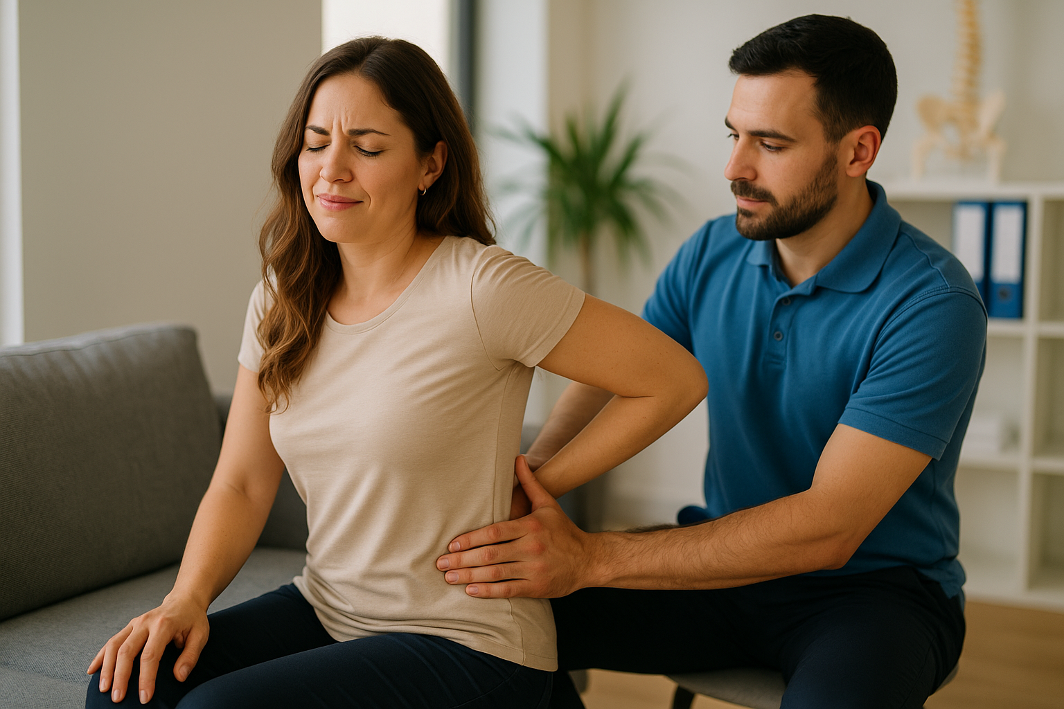 Physio Cure Dubai clinic therapist conducting manual assessment on a female patient suffering from Posture-Related Back Pain during a physiotherapy session