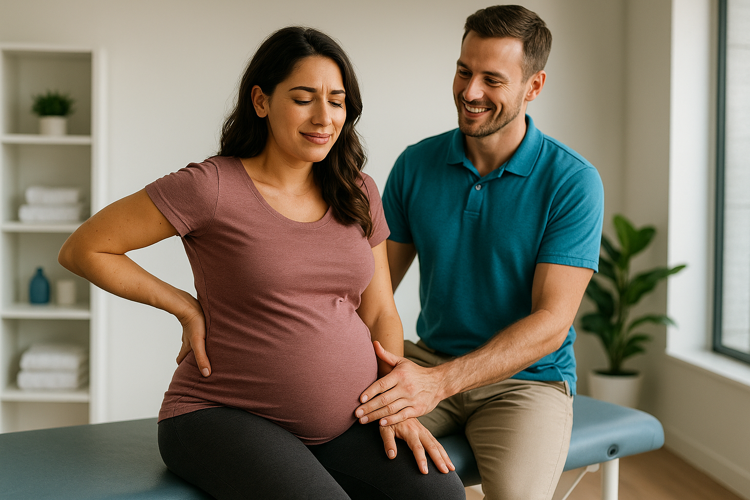 Pregnant woman receiving gentle physiotherapy at Physio Cure Dubai clinic, Relieving Lower Back Pain During Pregnancy with therapist supporting her lumbar area in modern treatment room