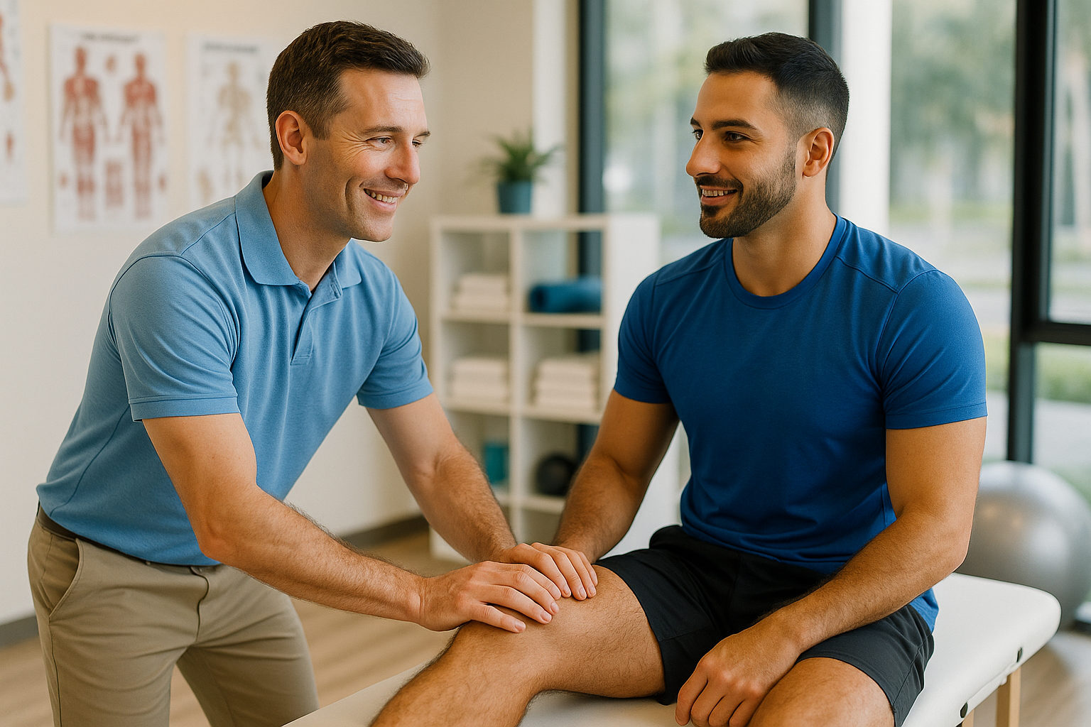 Physio Cure Dubai clinic physiotherapist guiding athlete through knee assessment and Return-to-Play Protocols After Injury during sports rehabilitation session.