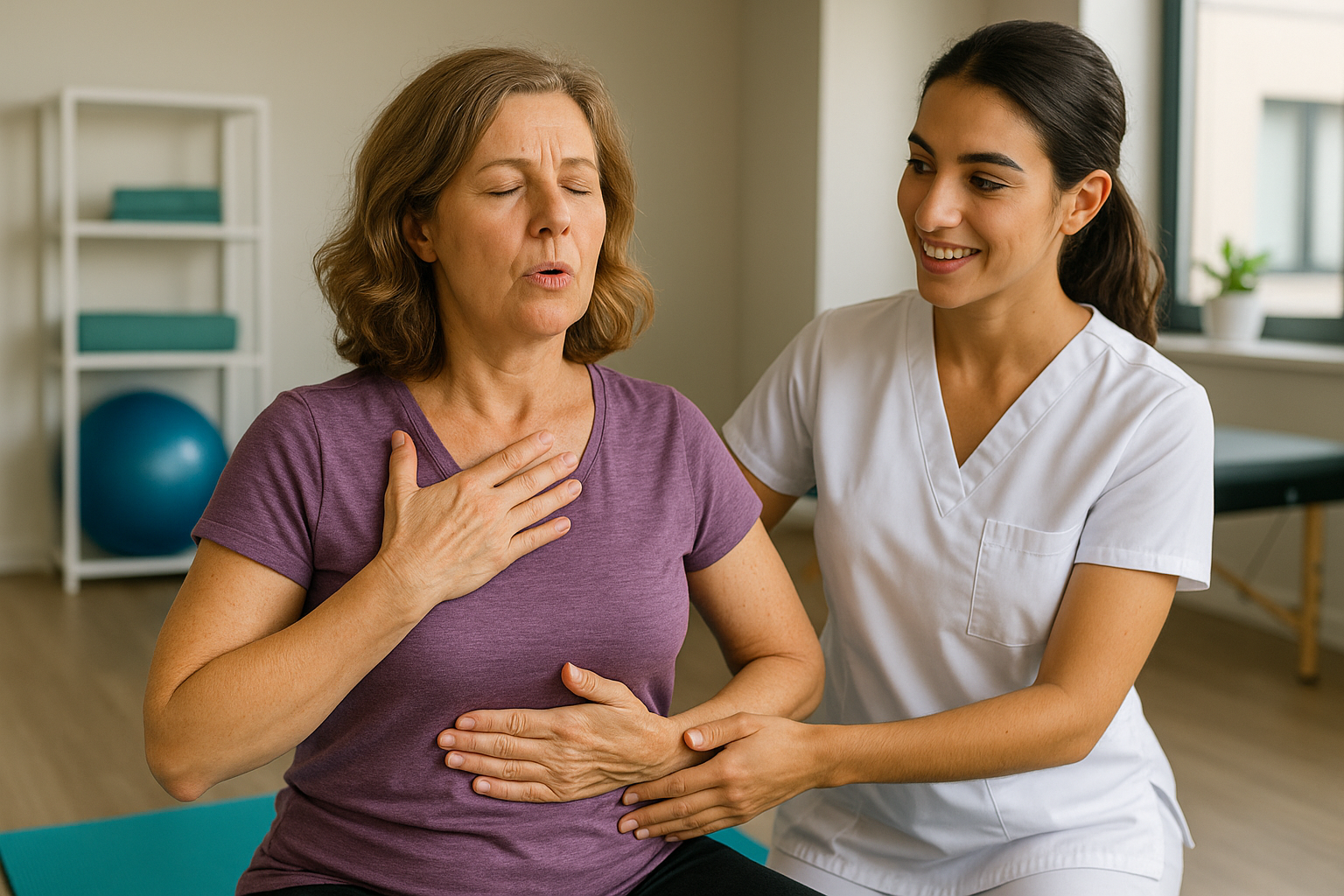 Physio Cure Dubai clinic therapist guiding senior woman through diaphragmatic breathing exercise, illustrating Role of Breathing Exercises in Lung Health rehabilitation session