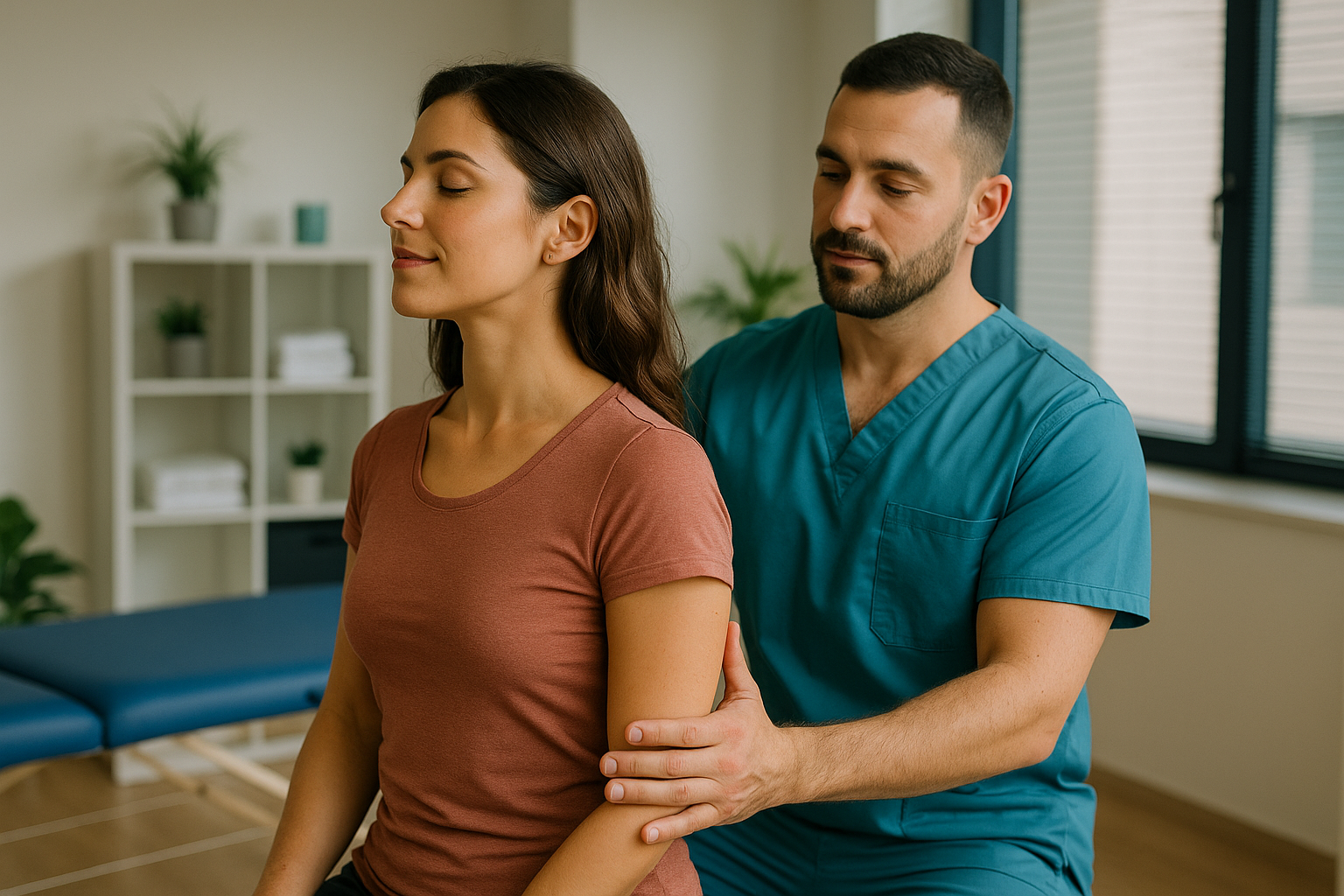 Physio Cure Dubai clinic physiotherapist guiding female patient through shoulder alignment exercise to demonstrate Role of Posture in TMJ Treatment