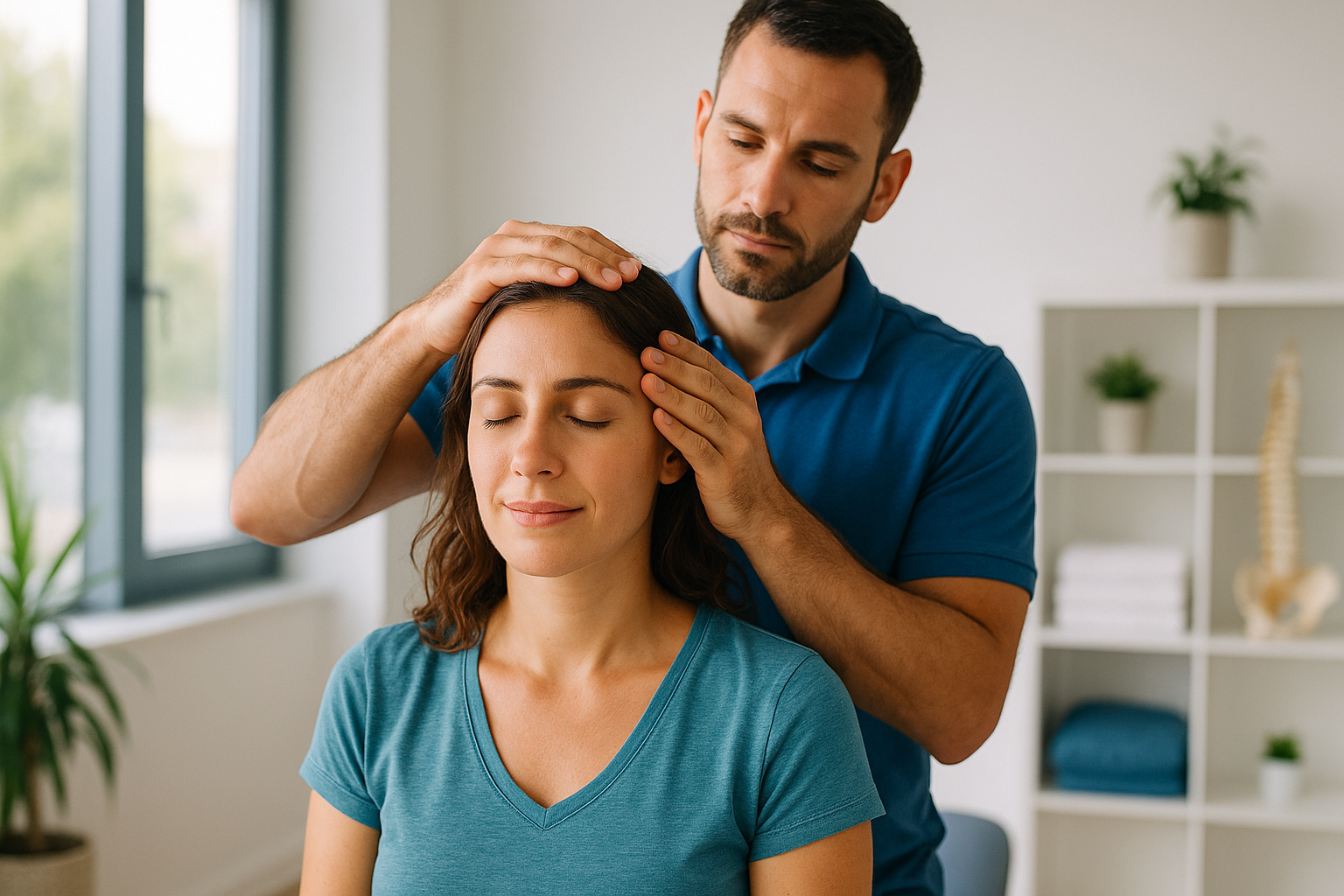 Physio Cure Dubai clinic therapist providing calming head massage to woman, demonstrating Role of Stress Management in Headache Prevention and holistic physiotherapy care