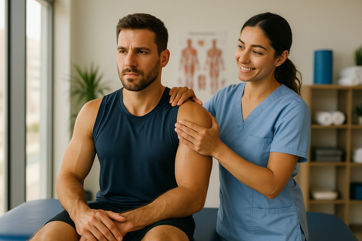 Male athlete receiving shoulder manual therapy from a smiling physiotherapist at Physio Cure Dubai clinic, demonstrating effective Shoulder Injury Rehab for Athletes.