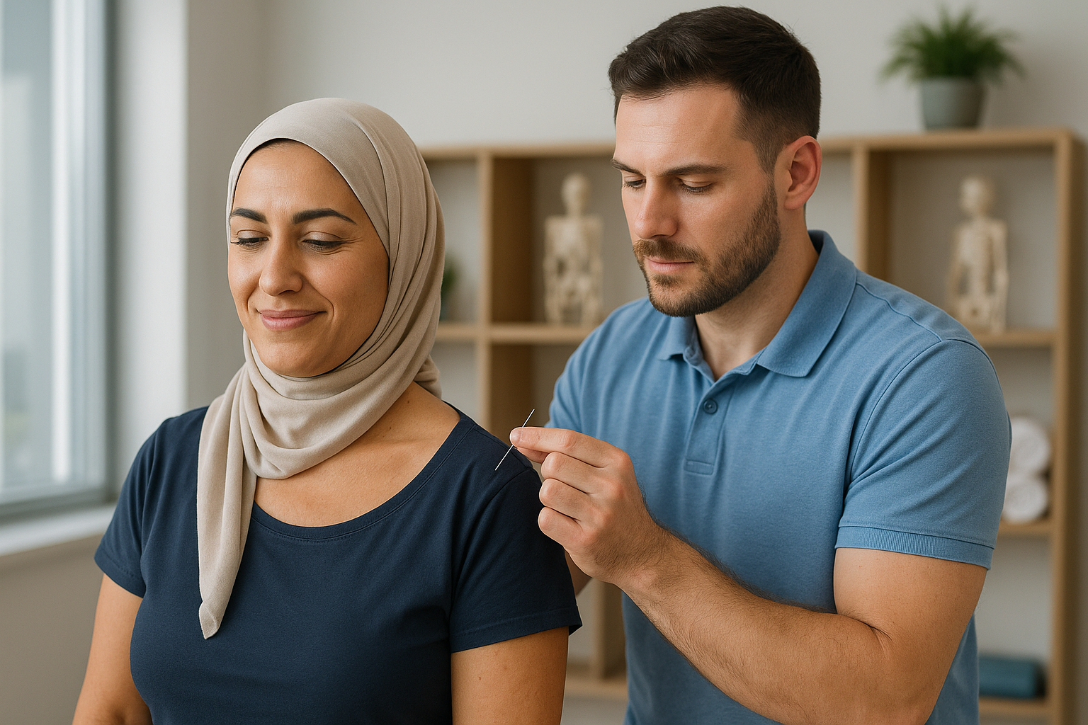 Physio Cure Dubai clinic therapist performing shoulder dry needling on a smiling woman in hijab, illustrating Side Effects and Safety of Dry Needling for patient education