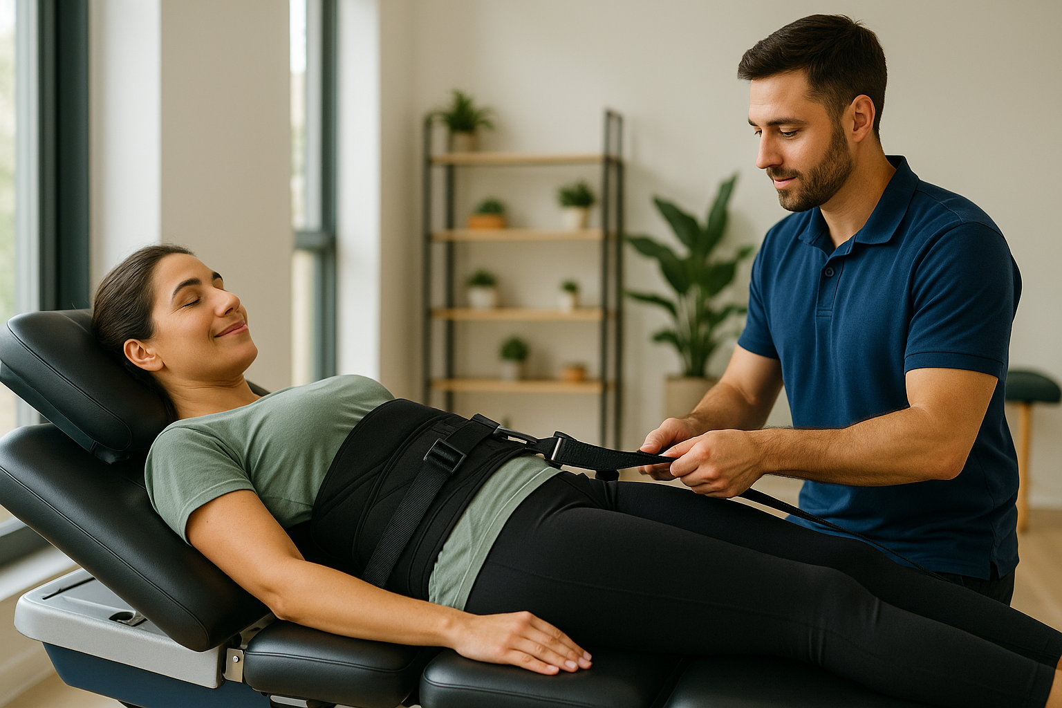 Smiling woman receiving Spinal Decompression Therapy as a physiotherapist adjusts a lumbar traction belt on a treatment table inside Physio Cure Dubai clinic