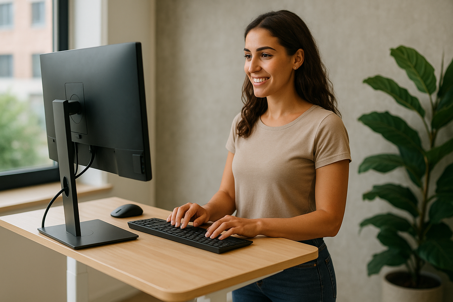 Smiling office worker demonstrating ergonomic posture at a height-adjustable workstation, illustrating Physio Cure Dubai clinic advice on Standing Desk Benefits and Proper Usage