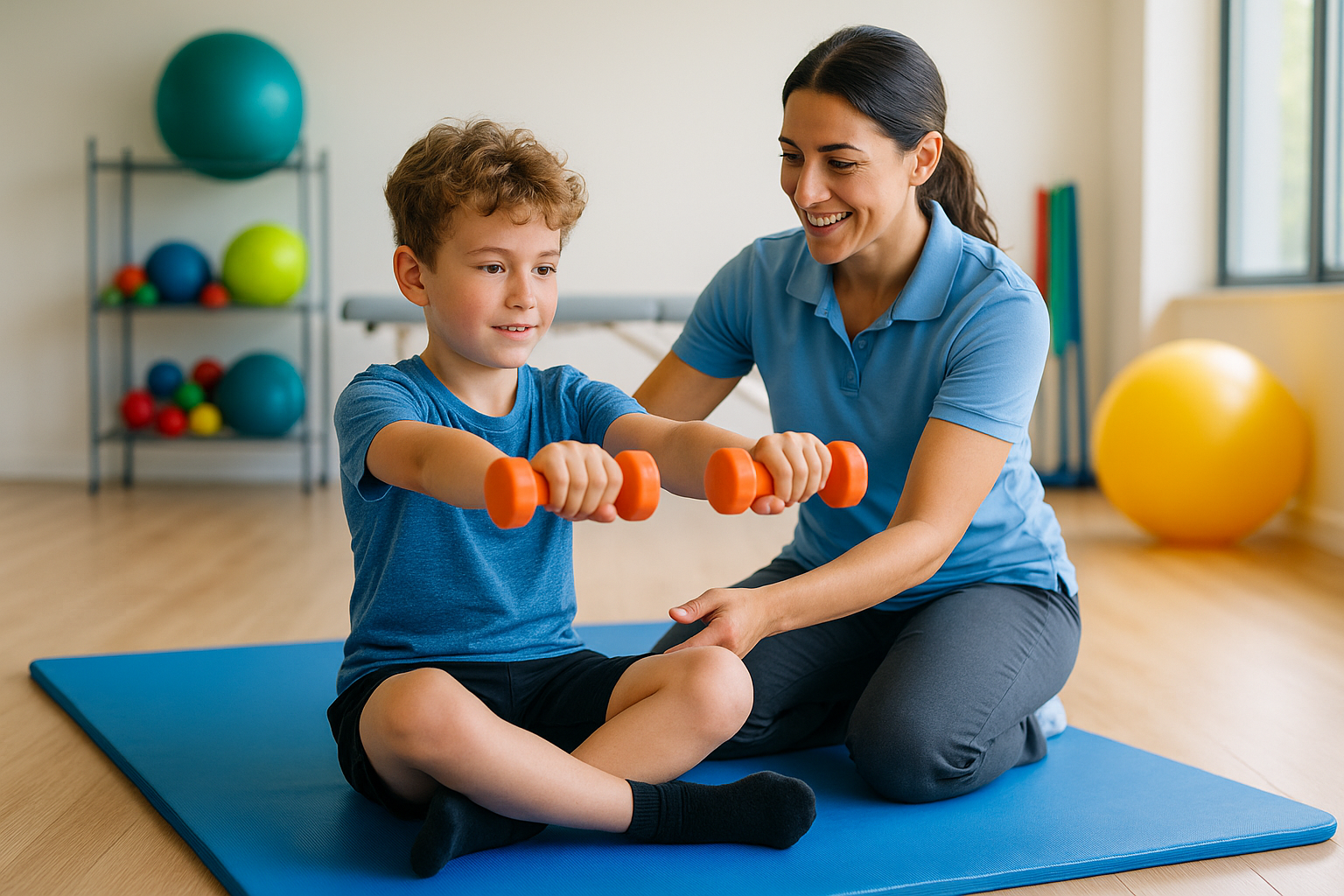 Physio Cure Dubai clinic therapist guiding young boy through strength and mobility exercises for kids using small orange dumbbells on a blue mat in a bright rehab room