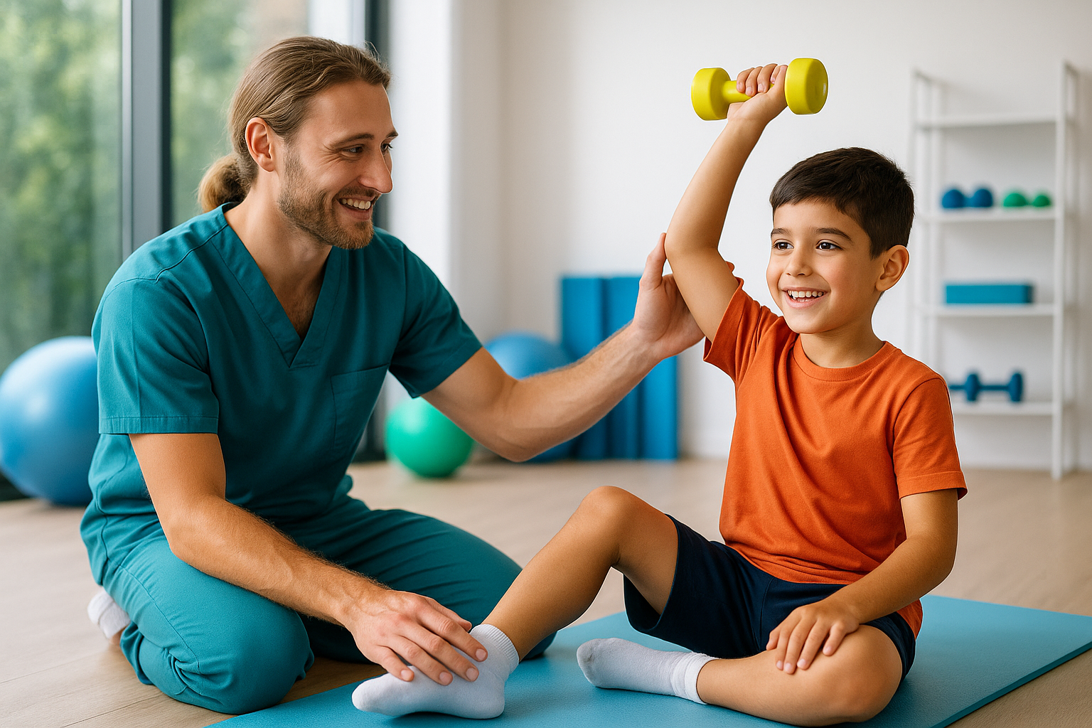 Physio Cure Dubai clinic pediatric physiotherapist guiding smiling young boy holding a yellow dumbbell during strength and mobility exercises for kids