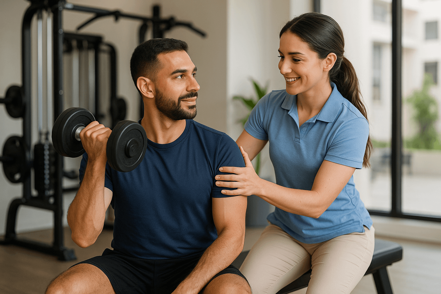 Physio Cure Dubai clinic physiotherapist guiding male patient through dumbbell curls, demonstrating Strength Training for Injury Prevention program