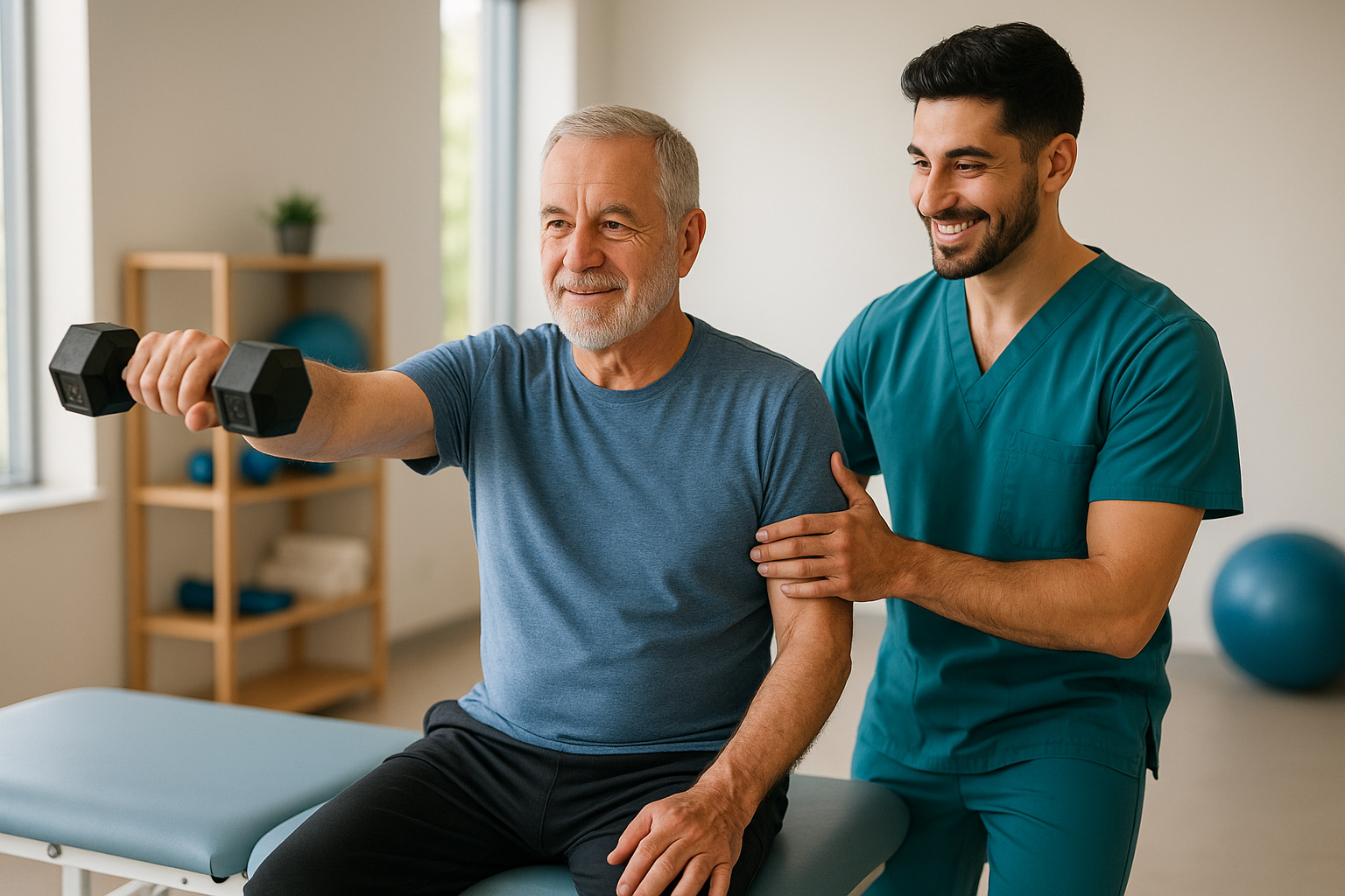 Physio Cure Dubai clinic therapist guiding senior man in Strength Training for Older Adults with a dumbbell exercise during rehabilitation session.