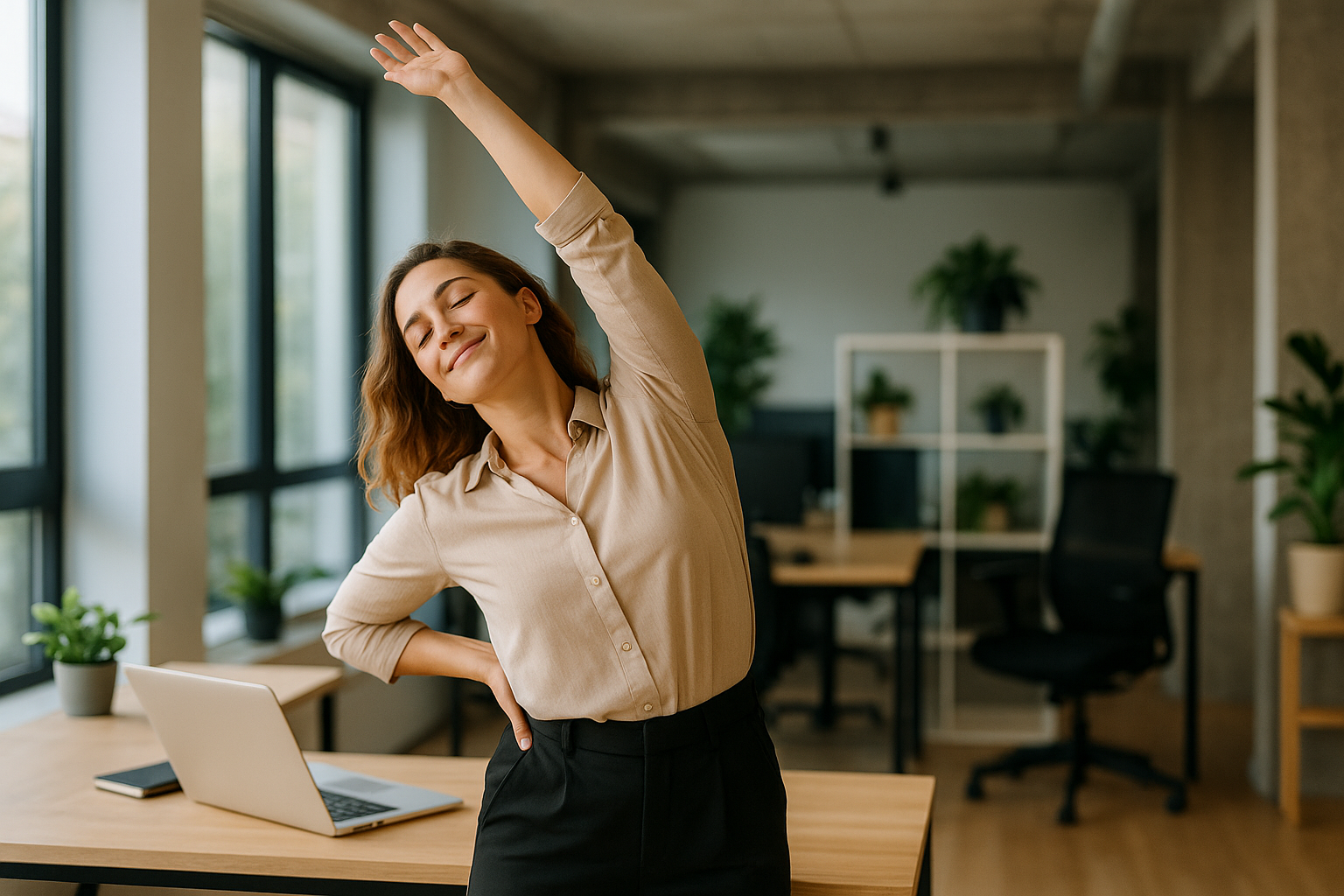 Office worker doing a standing side stretch beside a laptop in a modern workspace, illustrating Physio Cure Dubai clinic insights on The Role of Movement Breaks in Workplace Health