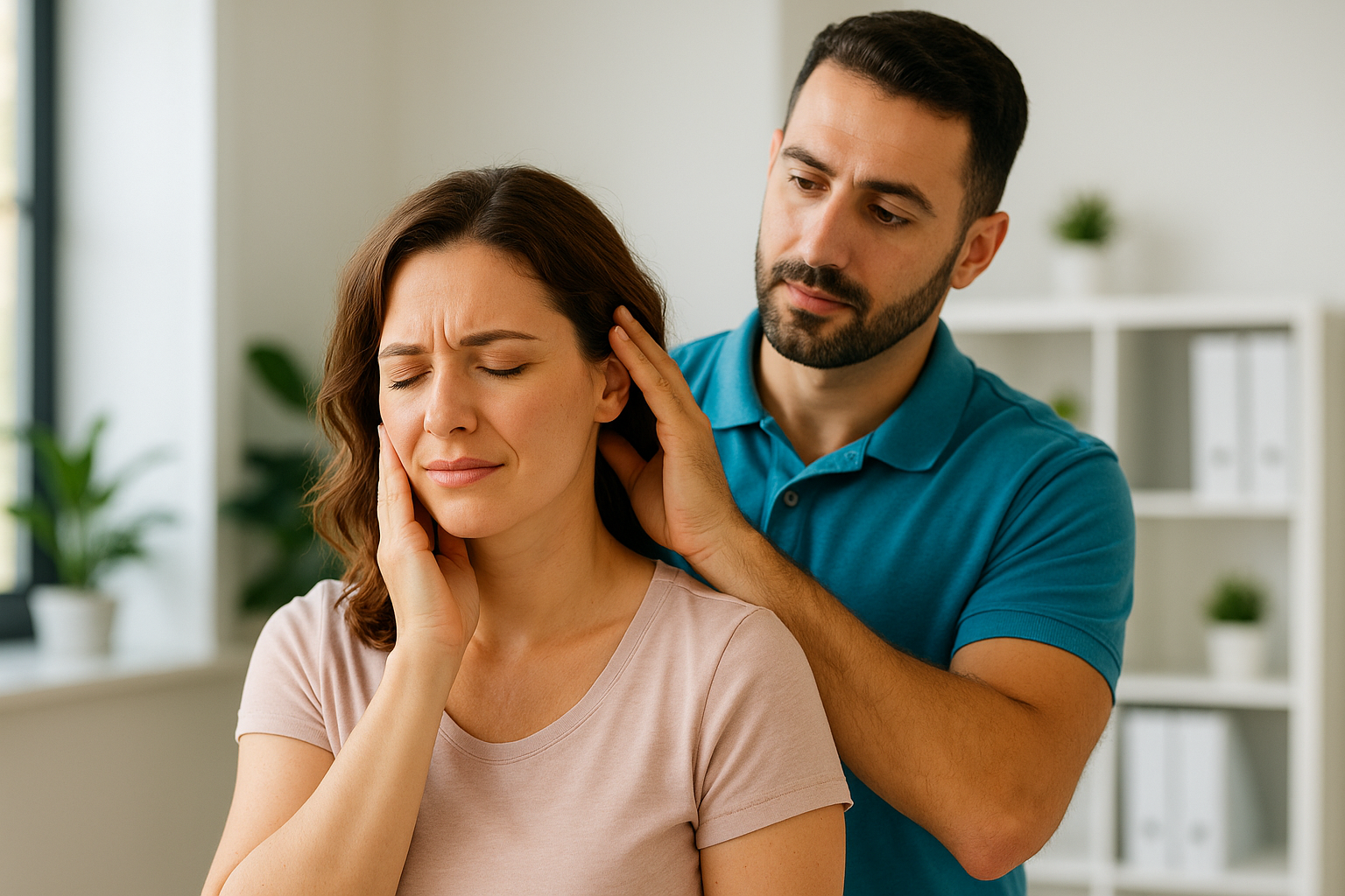 Physio Cure Dubai clinic therapist assessing woman’s jaw and neck, illustrating TMJ Pain and Headache Connection treatment session