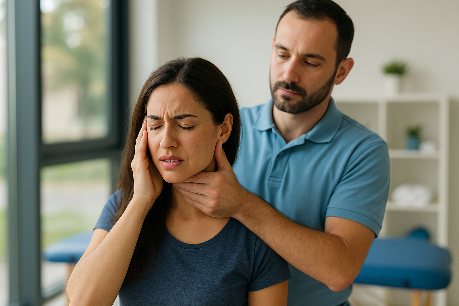 Female patient receiving physiotherapy for jaw discomfort at Physio Cure Dubai clinic, therapist performing neck and jaw manipulation illustrating TMJ Pain and Headache Connection treatment
