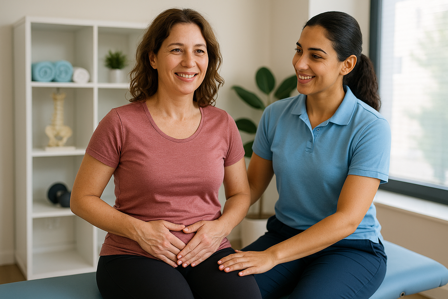 Female physiotherapist at Physio Cure Dubai clinic guiding middle-aged woman in pelvic floor exercises, illustrating Treatment for Urinary Incontinence in a modern therapy room