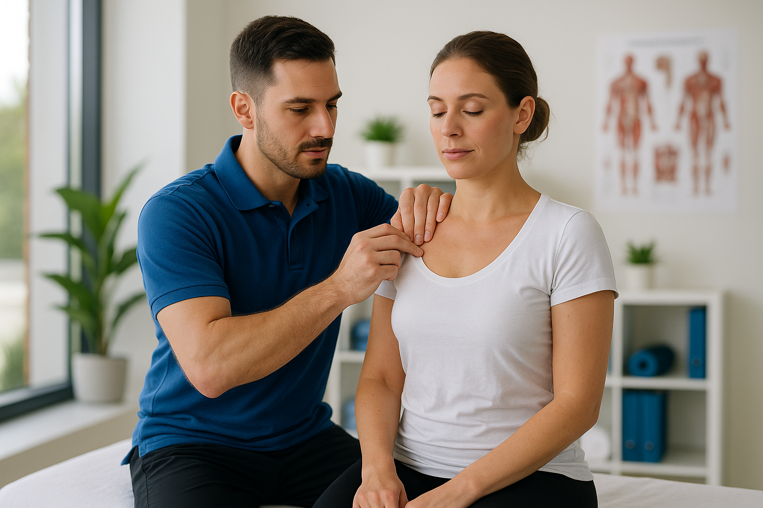Physio Cure Dubai clinic therapist demonstrating shoulder trigger point release on female patient, Trigger Point Therapy Explained session