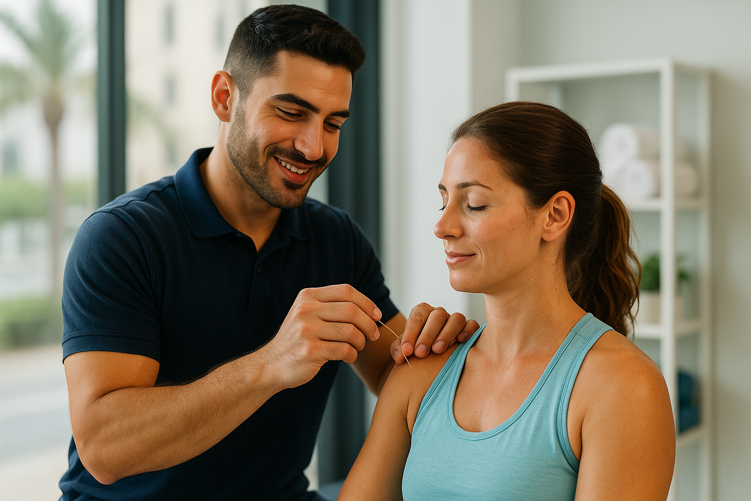 Physio Cure Dubai clinic therapist performing dry needling on a female patient’s shoulder, illustrating treatment of trigger points and how dry needling helps relieve muscle pain.