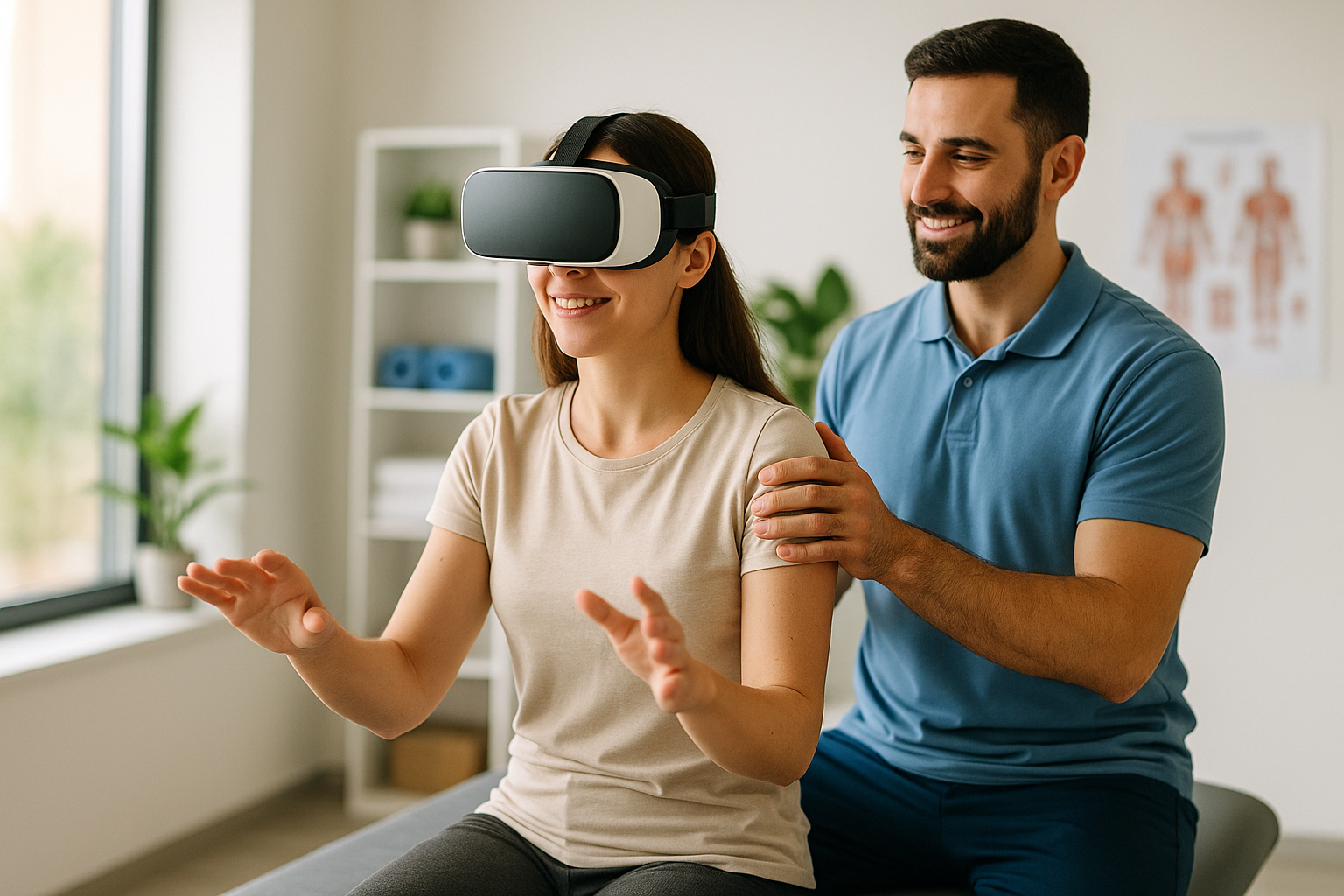 Young woman wearing a VR headset supported by a male physiotherapist during balance training, demonstrating Physio Cure Dubai clinic Using VR Therapy for Vestibular Rehabilitation.