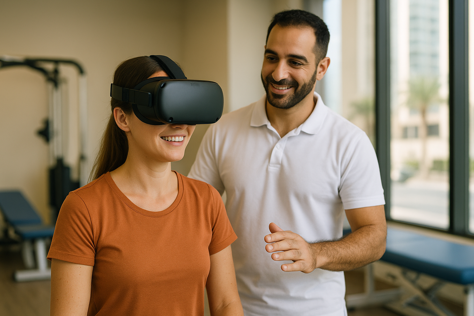 Female patient wearing VR headset guided by male physiotherapist in treatment room at Physio Cure Dubai clinic, using VR Therapy for Vestibular Rehabilitation