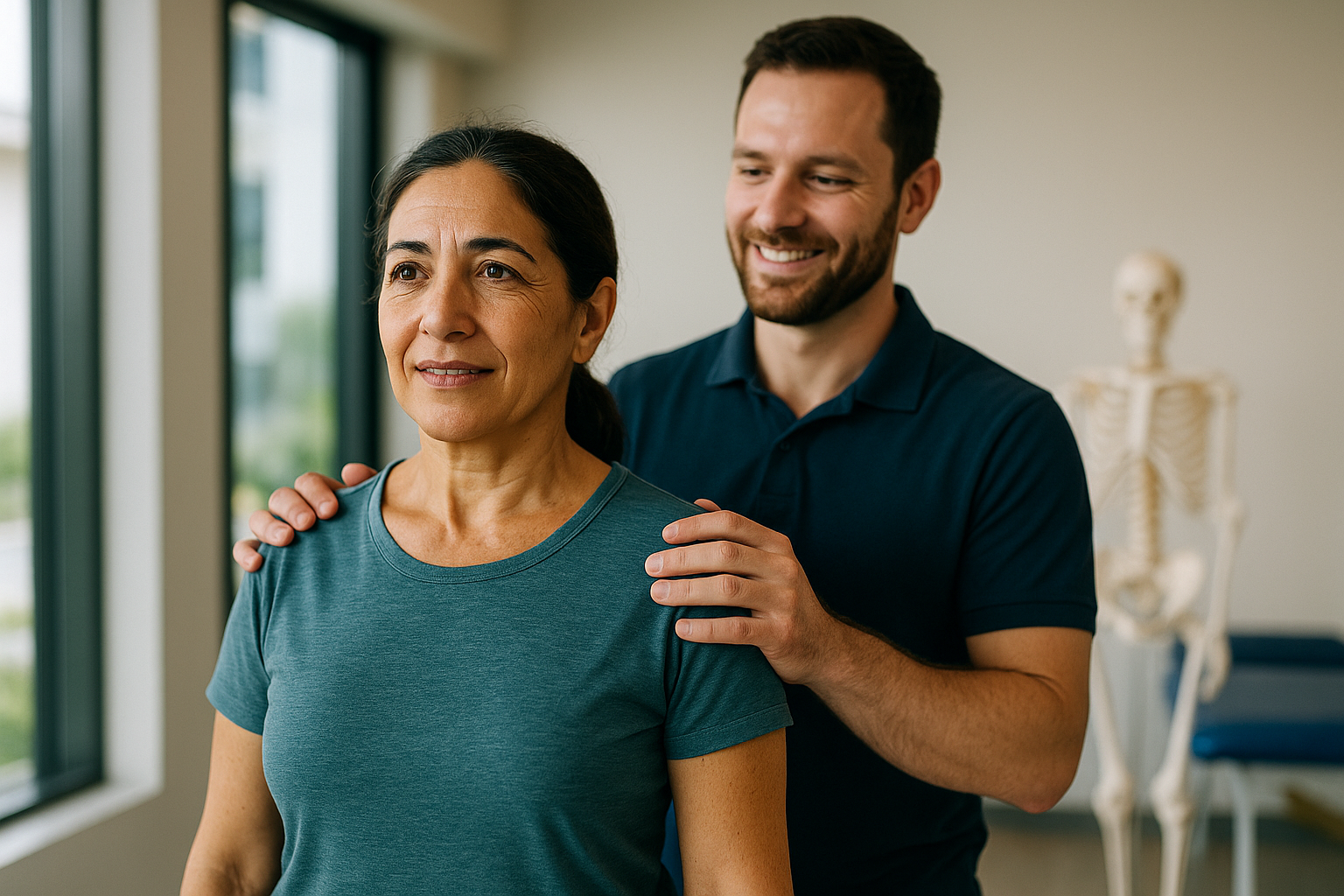 Physio Cure Dubai clinic physiotherapist guiding mature woman through Vestibular System and Its Role in Balance rehabilitation exercise in bright treatment room