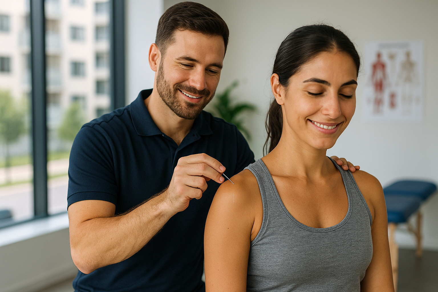 Physio Cure Dubai clinic therapist performing shoulder dry needling on smiling female patient, demonstrating treatment process for article titled What is Dry Needling & How Does It Work?